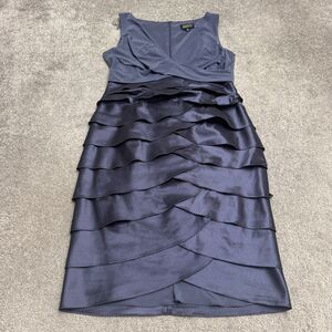 Adrianna Papell Tiered Ruffle Sheath Dress Women 12 Gunmetal Blue Cocktail Party